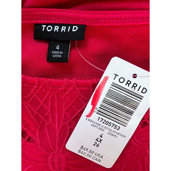 Torrid Top Wmns Plus Size 4 Dark Pink Off Shoulder Sweatshirt Floral Cutouts NEW - Picture 4 of 13